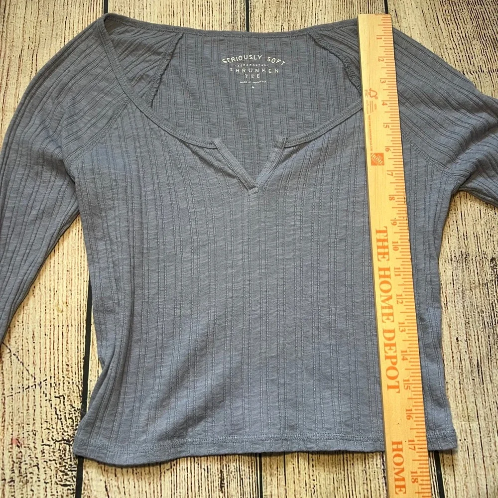 Aeropostale Seriously Soft Ribbed Henley Crop Top Long Sleeve Womens M Blue Slim